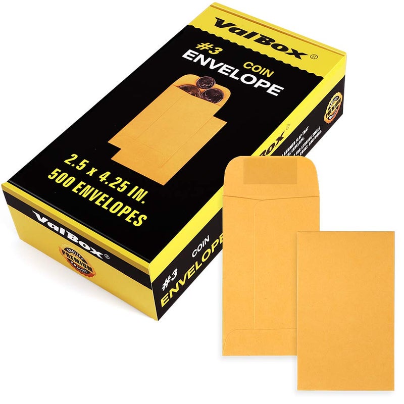 ValBox أظرف فال بوكس للعملات - أظرف أجزاء صغيرة مع لسان لاصق للاستخدام في المنزل أو الحديقة أو المكتب، أظرف بذور كرافت 500 في العلبة (بني، 3 (2.5x4.25 بوصة)) - Image 1